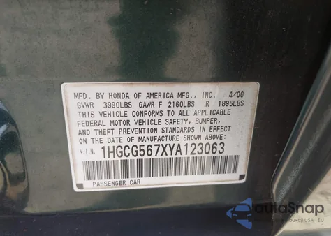 2000 Honda Accord 2.3 Se from USA, damaged, VIN 1HGCG567XYA123063